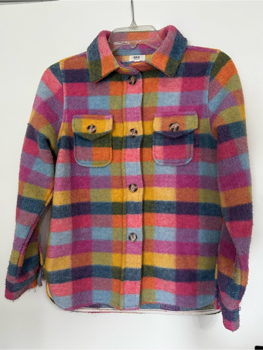 BKE Pink Blue Yellow Green Plaid Button-Up Shacket